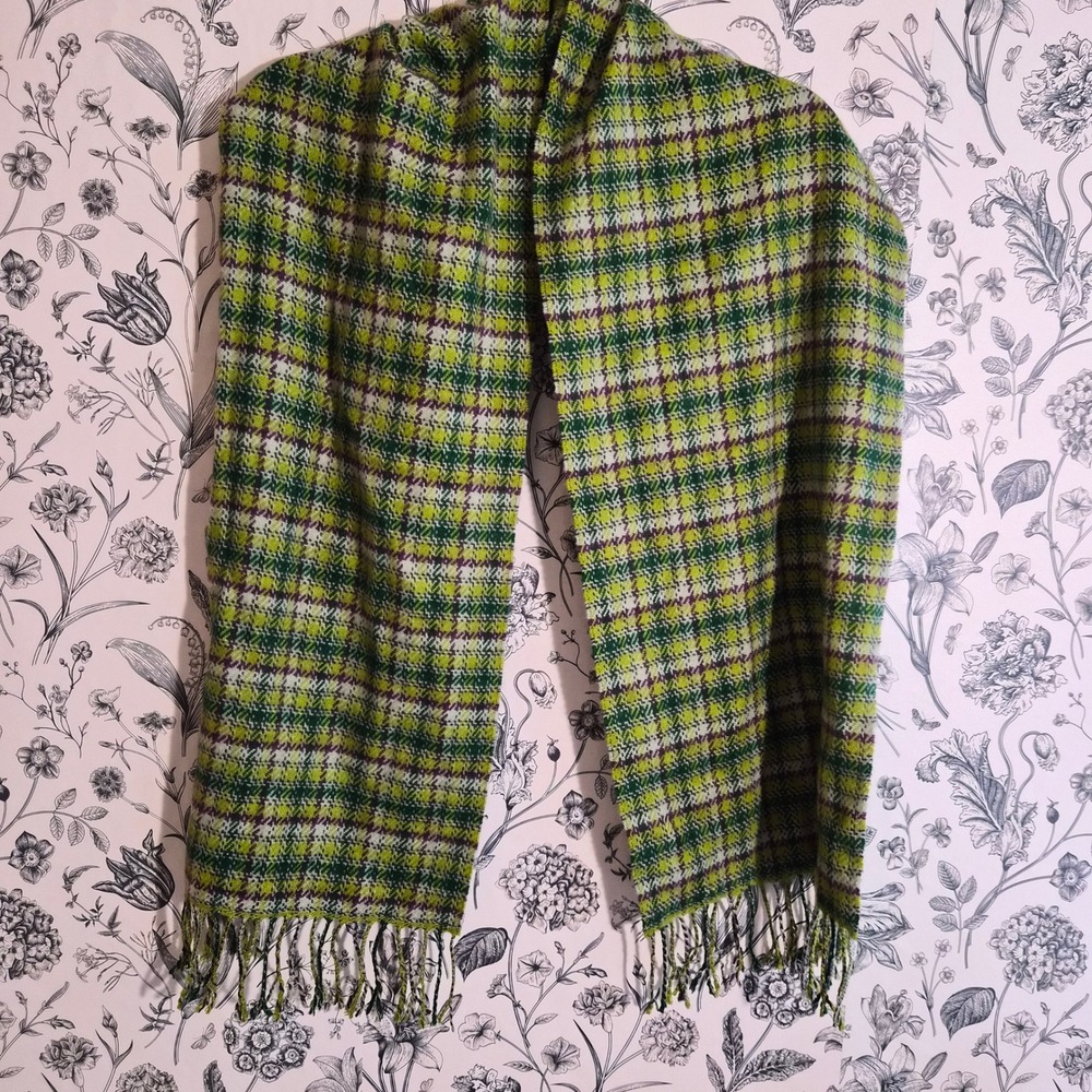 Cashmerefeel Scotland Design Plaid Scarf Green Yellow Tartan Fringe Cabincore